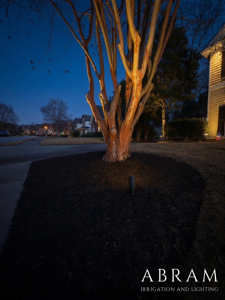 Illuminated landscape median at night