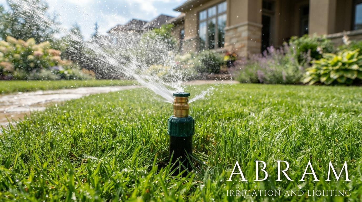 Sprinkler running on a healthy green North Atlanta lawn