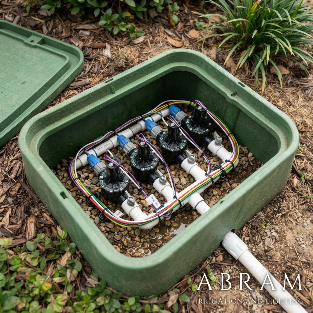 Irrigation valve box with clean wiring and solenoid valves